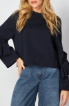 Bluegrey Ruffle Long Sleeve Scuba Knit Top In Navy