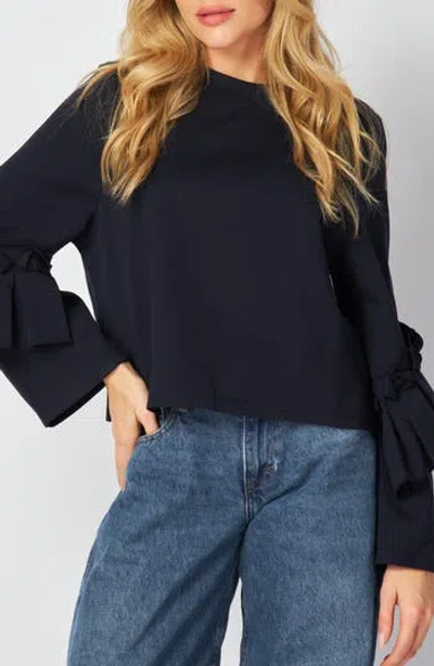 Bluegrey Ruffle Long Sleeve Scuba Knit Top In Navy