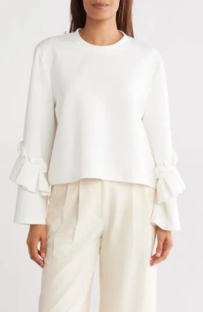Bluegrey Ruffle Long Sleeve Scuba Knit Top In Ivory