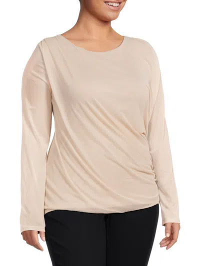 Bluegrey Women's Plus Optical Illusion Ruched Mesh Top In Taupe
