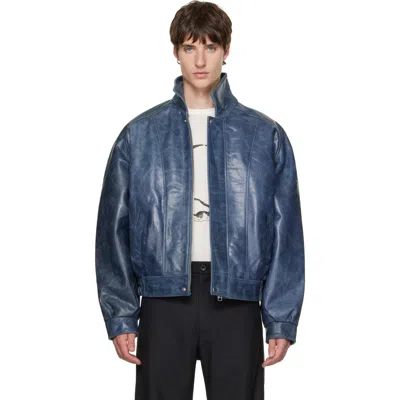 Bluemarble Blue Curved Shoulder Leather Blouson Jacket