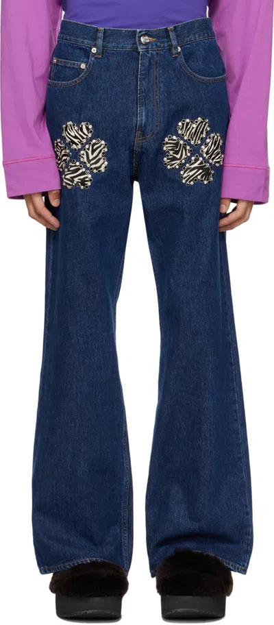 Bluemarble Blue Studded Zebra Bootcut Jeans In Nav