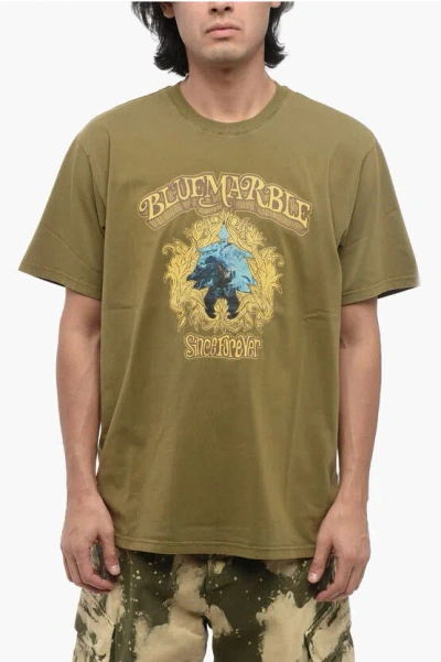 Bluemarble Cotton Crew-neck T-shirtwith Frontal Print In Green