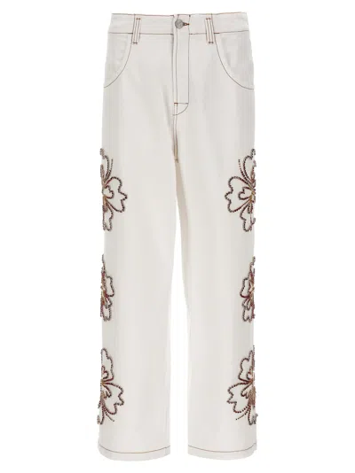 Bluemarble Embroidered Hibiscus Jeans In White