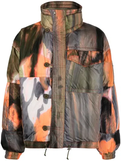 Bluemarble Tie Dye Print Puffer Jacket In Khaki,orange
