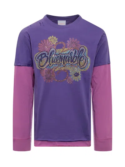 Bluemarble Rhinestones Double Sleeve Cotton T-shirt In Purple