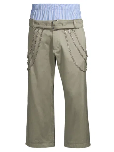 Bluemarble Men's Belted Cotton Chain-link Pants In Khaki