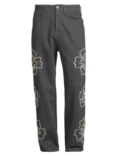Bluemarble Men's Floral-embellished Baggy Denim Pants In Grey