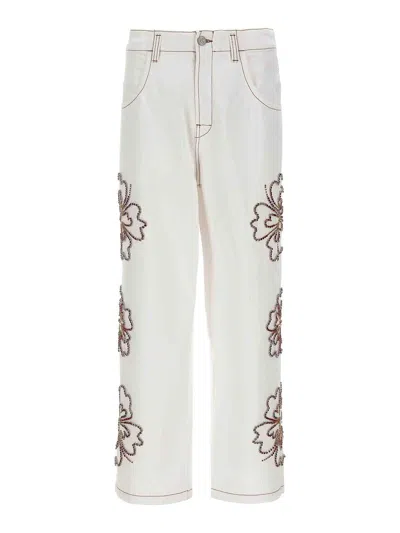 Bluemarble Embroidered Hibiscus Jeans In White