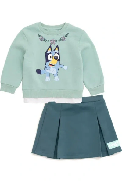 Bluey Kids'  2-piece Fleece Sweatshirt And Skort Set In  Teal And Mint