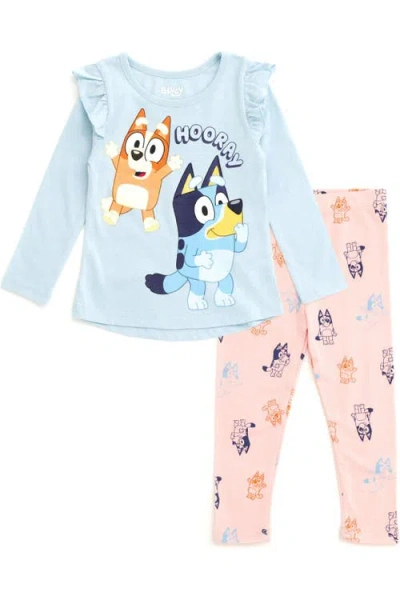 Bluey Kids'  2-piece Long Sleeve Tee And Leggings Set In Sky Blue Light Pink