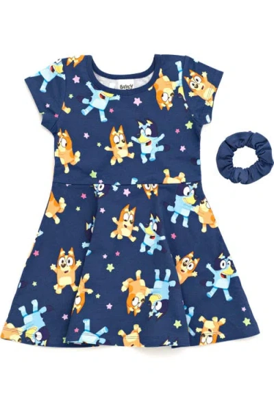 Bluey Kids'  2-piece Skater Dress And Scrunchie Set In Navy  Bingo