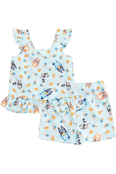 Bluey Kids'  Dress Jumpsuit And 2-piece Shorts Set In Ice Blue  Bingo