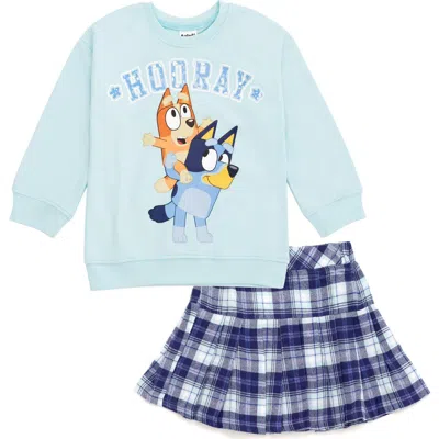 Bluey Kids'  Fleece Sweatshirt And Plaid Pleated Skirt Set In  Bingo Light Blue