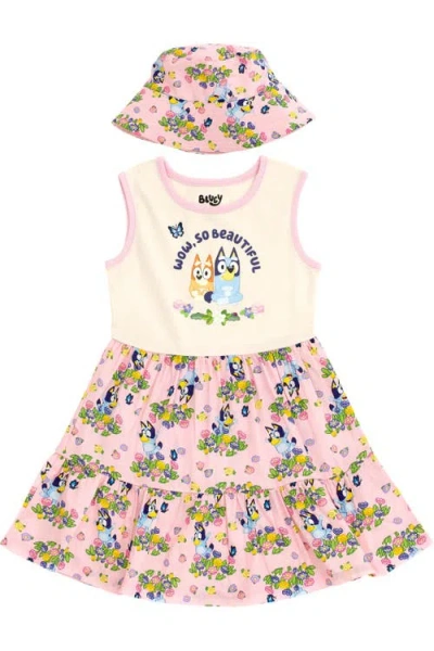Bluey Kids'  Sleeveless Dress And Sun Hat Set In  Bingo Pink