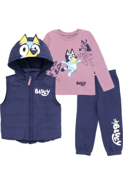 Bluey Kids'  Zip-up Hooded Vest, Tee And Pants Set In  Navy Mauve