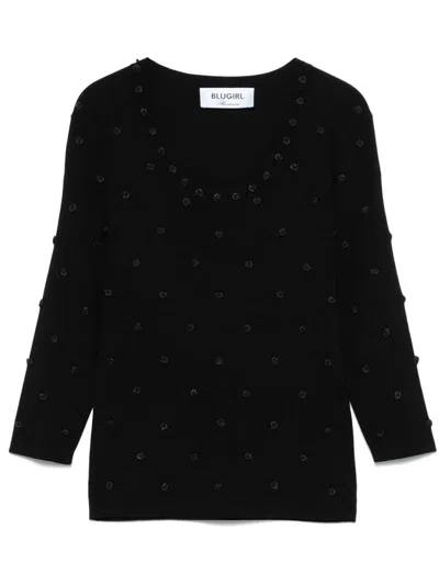 Blugirl Kids' Black Crew-neck Knitwear With Embellishments