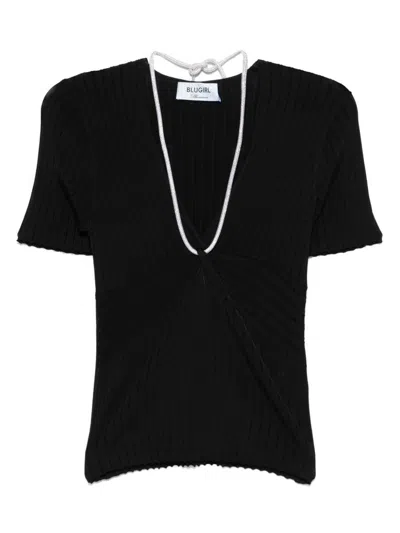Blugirl Kids' Black Ribbed V-neck Sweater
