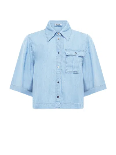 Blugirl Boxy Denim Shirt With Elbow-length Sleeves And Overlapping Slit In Blue