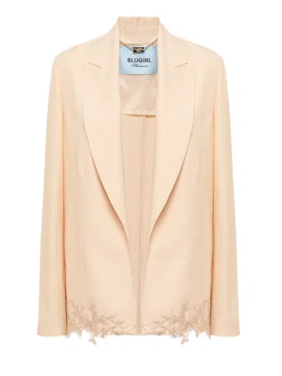Blugirl Boxy Linen-viscose Satin Jacket With Belt And Floral Lace Detailing In Neutral