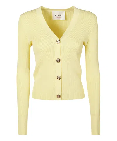 Blugirl Floral Buttons Rib Knit Cardigan In Yellow