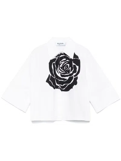 Blugirl Kids' Crop Shirt In White Cotton With Rose Printed In Black