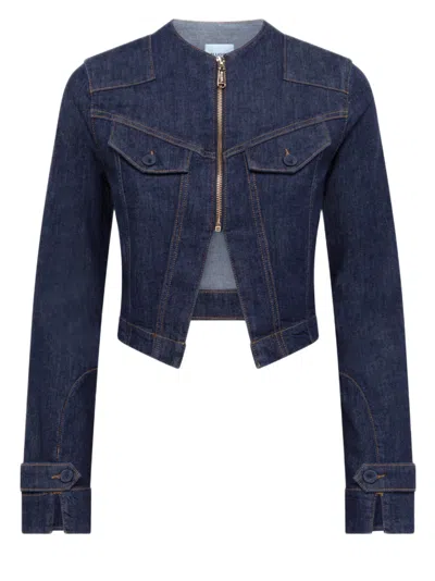 Blugirl Cropped Denim Jacket With Korean Collar And Tailored Details In Blue
