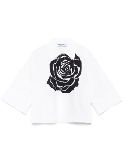 Blugirl Cropped White Shirt With Black Rose Graphic In White/black
