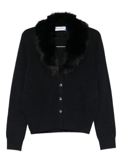 Blugirl Deep V-neck Sweater With Black Fur Collar