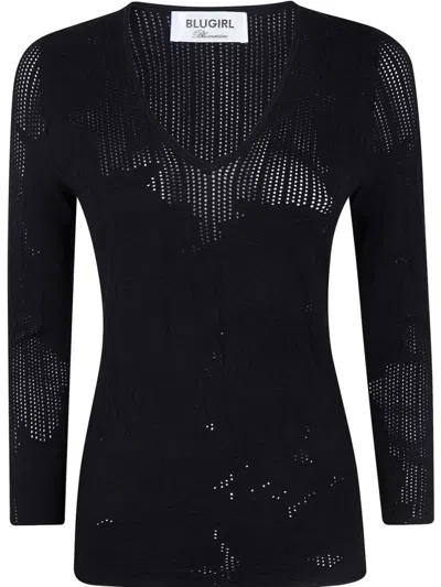 Blugirl Deep V-neck Top With Textured Knit Design In Black