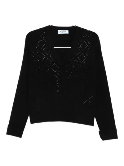 BLUGIRL DIAMOND OPEN KNIT V-NECK BLACK SWEATER