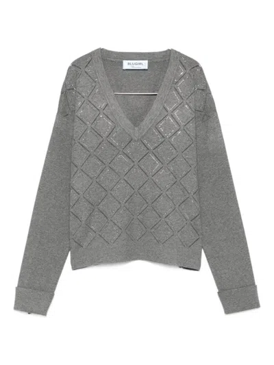 BLUGIRL DIAMOND-PATTERNED V-NECK SWEATER WITH OPENWORK DETAILS