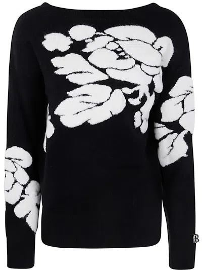 Blugirl Embroidered Roses V Neck Sweater In Black  