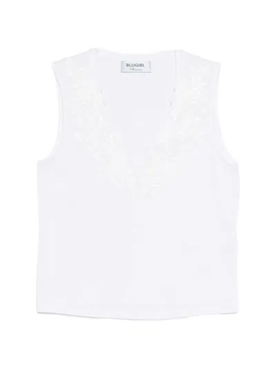 Blugirl Embroidered V-neck Top In White