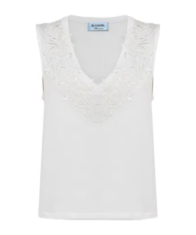 Blugirl Embroidered V-neck Top In White