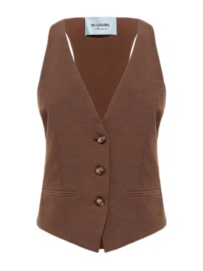 Blugirl Fitted Floral Embroidered Linen Satin Gilet In Brown
