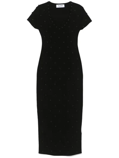 Blugirl Fitted Midi Dress With Short Sleeves And Floral Embellishments In Black