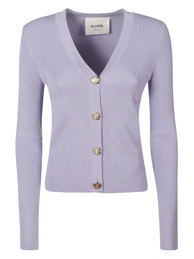 Blugirl Floral Buttons Rib Knit Cardigan In Violet