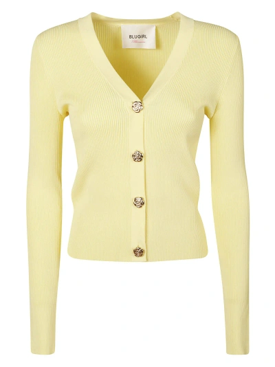 Blugirl Floral Buttons Rib Knit Cardigan In Yellow