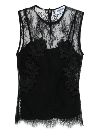 Blugirl Floral Lace Overlay Top With Scalloped Hem In Black