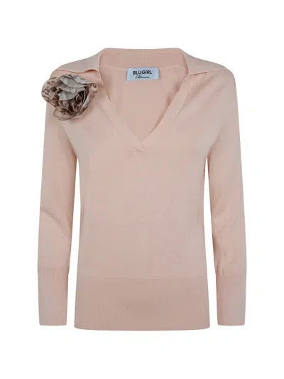 Blugirl Floral-appliqué V-neck Sweater In Brown