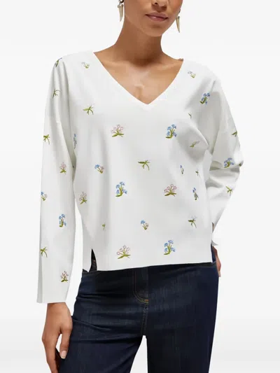 Blugirl Floral-embroidered V-neck Sweater In Multi