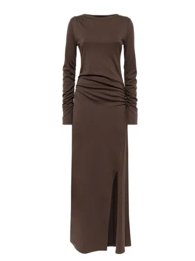 Blugirl Gathered Long Jersey Dress With Side Slit And Glove Sleeves In Brown