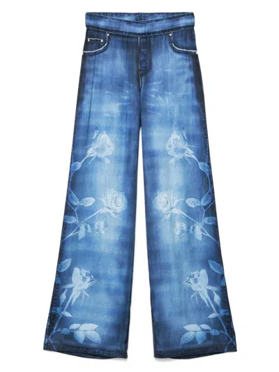 Blugirl Indigo Blue Wide-leg Trousers With Floral Accents