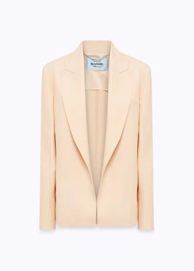 Blugirl Boxy Linen-viscose Satin Jacket With Belt And Floral Lace Detailing In Neutral