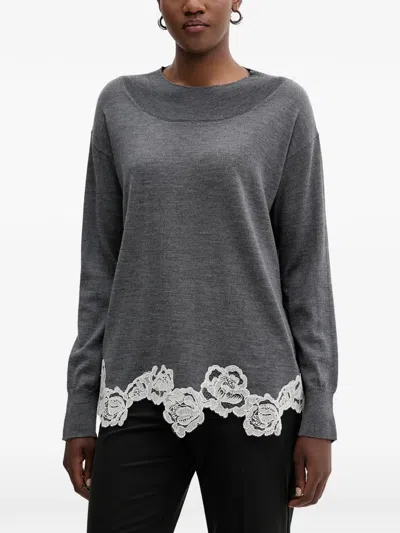 Blugirl Lace-trim Crew-neck Sweater In Gray