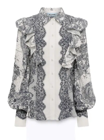 Blugirl Lace-effect Printed Viscose Blouse With Decorative Ruffles In Gray