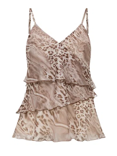Blugirl Layered Ruffle Chiffon Top With Animal Print In Brown