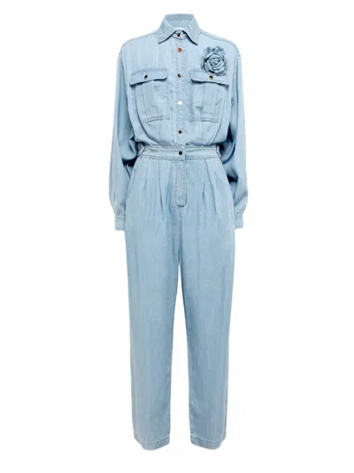 Blugirl Light Denim Lyocell Jumpsuit With Shirt Collar And Delicate Brooch In Blue