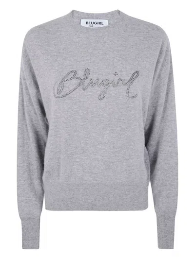 BLUGIRL LIGHT GREY KNIT SWEATER WITH CURSIVE LOGO EMBELLISHMENT